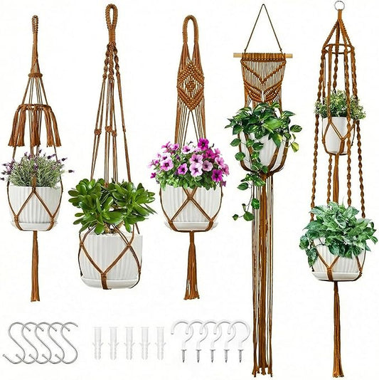Macrame Plant Hangers, 5Pack Hanging Planters for Indoor Plants w/ 5 Set Hooks Handmade Cotton Rope Hanging Plant Holders Plant Hanger Indoor for Boho Home Decor (Planter Pot Not Included)