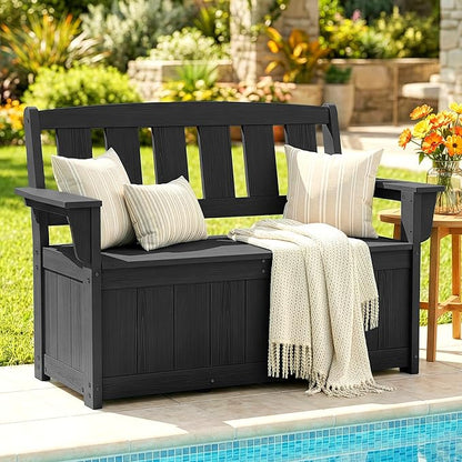 SERWALL HDPE Outdoor Storage Bench, All-Weather, UV-Resistant Deck Box with Waterproof Storage Bags, 57 Gallon Dual-Use Seat & Organizer Deck Boxes for Patio, Garden Tools & Pool (Matte Black)