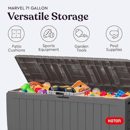 Keter Marvel Plus 71 Gallon Resin Outdoor Storage Box for Patio, Balcony & Garden – Weather‑Resistant Deck Box for Cushions, Pillows, Pool Floats & Tools, Light Grey