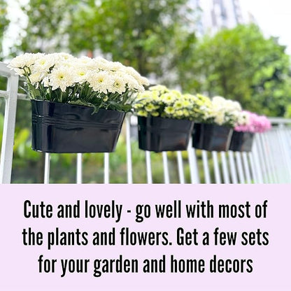 LaLaGreen Rail Planter Outdoor Plants(3 Pack, 11.8 Inch) Black Metal Iron Hanging Flower Pots Deck Railings Fence Buckets Modern Countryside Boho Style Wall Mount Window Box Plant Holder Porch Decor