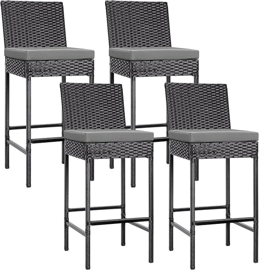 VIVOHOME Outdoor Wicker Barstool 4 Packs, Bar Chairs PE Rattan Materail, Patio Stools with Cushions, Black