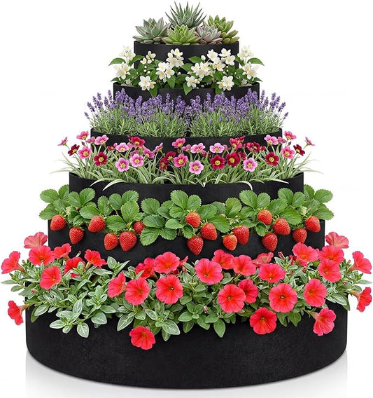 6 Tiered Strawberry Planter for Outdoor Plants, 47 Inch Heavy Duty Strawberry Tower Planter Grow Bags, Breathable Non Woven Fabric Raised Garden Bed for Vegetables Flower Herbs Gardening