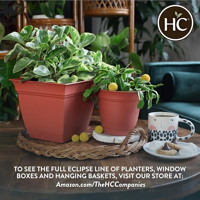 The HC Companies Eclipse Round Planter with Saucer - Outdoor & Indoor Plant Pot with Drainage Holes - Lightweight, UV-Resistant Plastic Pots for Plants, Flowers & Herbs (8" Clay, Pack of 1)