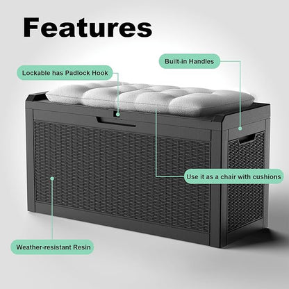 DRATO 60 Gallon Deck Box, Waterproof Resin Large Outdoor Storgae Box for Patio Furniture, Patio Cushions, Gardening Tools, Pool Supplies, Lockable（Black，60 Gallon）