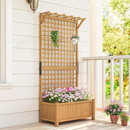 Outsunny Wood Planter with Trellis, Raised Garden Bed for Climbing Plants w/Drainage Holes and Roof, 35.5" x 17.75" x 72", Yellow