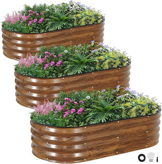 INNO STAGE 3Pcs Galvanized Raised Garden Bed Kit, Outdoor Metal Raised Garden Beds for Vegetables, Rust-Resistant & Easy Assembly, 4x2x1ft Oval Raised beds for Gardening, Flowers, Herbs (CoatedGrain)