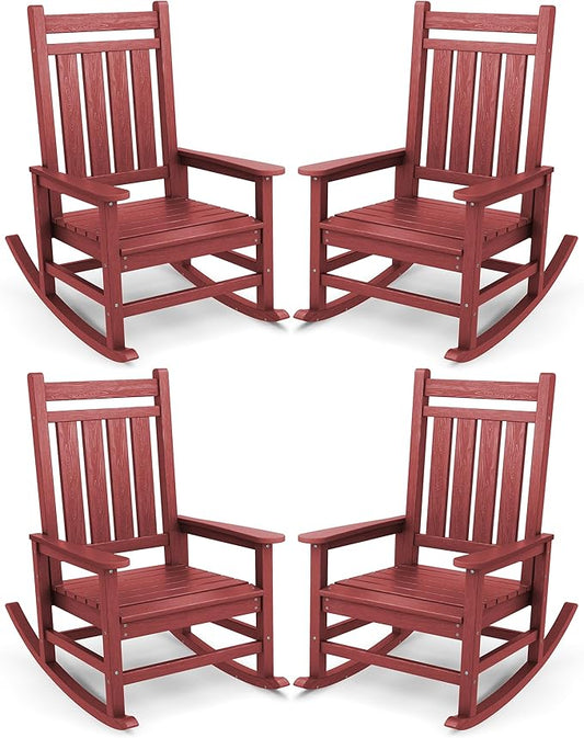 SERWALL Oversized Outdoor Rocking Chair Set of 4, HDPE Rocker for Adults, Patio Rocking Chairs for Porch, Crimson Red