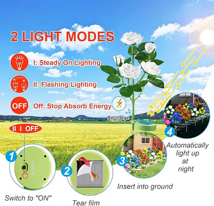 Solar Flower Lights Outdoor - Upgraded New Material Two Modes Realistic LED Solar Powered Waterproof Lights with 5 Roses, Solar Decorative Stake Lights for Garden (White, 2 Pack)
