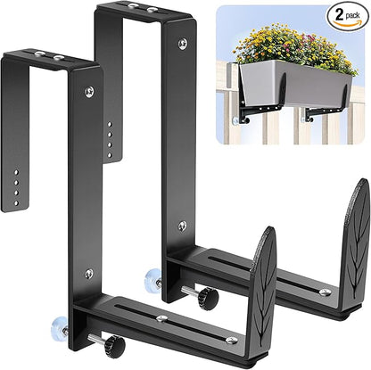 Window Box Brackets, Adjustable Planter Box Brackets, Heavy Duty Iron Flower Box Bracket for Deck Railing with Upgraded Bottom Support - Ideal for Balconies, Fences, and Gardens (2)