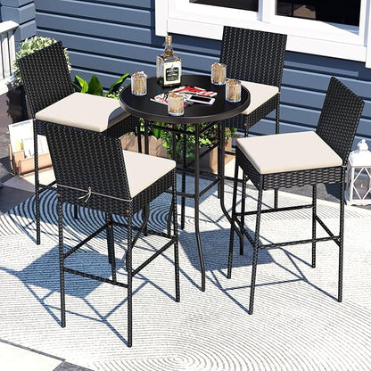 HAPPYGRILL Wicker Patio Barstools Set of 4, Outdoor Rattan Bar Chairs with Footrest & Backrest, Armless High Top Chairs with Seat Cushions for Backyard, Balcony