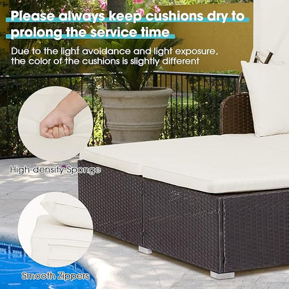 COSTWAY Outdoor Daybed with Retractable Canopy, Wicker Patio Furniture Set with Cushioned Pillows, Patio Rattan Daybed for Deck, Backyard, Poolside (White)