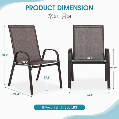 Outdoor Stackable Chairs Set of 8, Stacking Patio Chairs with Textilene Fabric, Outside Furniture for Garden Backyard Balconie Poolside Deck, Brown