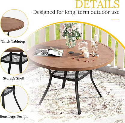 VICLLAX Round Patio Table with Adjustable Umbrella Hole, All Weather Outdoor Round Dining Table for Lawn Garden, 41.2"x 28" Walnut Wood-Like Outdoor Coffee Table