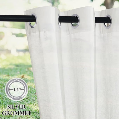 RYB HOME Sheer Curtains for Patio Outdoor, Linen Textured White Panel Grommet Top Waterproof Light Diffused Drapes for Porch Gazebo Deck, 2 Pieces with Tieback Ropes, W52 x L 96 inches