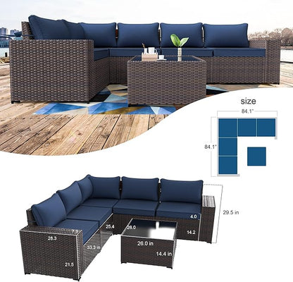 Kullavik 9 Pieces Outdoor Patio Furniture Set,PE Wicker Rattan Sectional Sofa Patio Conversation Sets with Swivel Rocking Chairs Set,Navy Blue