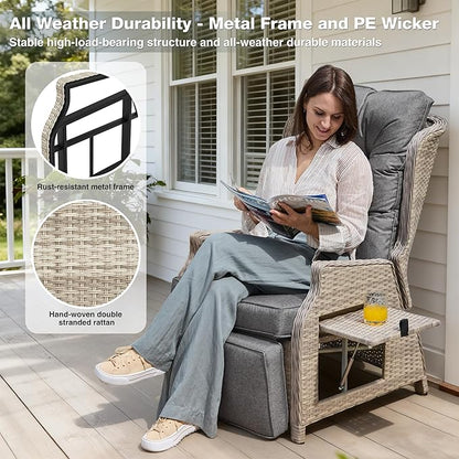 Outdoor Recliner with Adjustable Back and Footrest, Patio 150° Lay Flat Recliner with Flip Table Wicker Reclining Lounge Chair, Grey with Beige Wicker 2PCS
