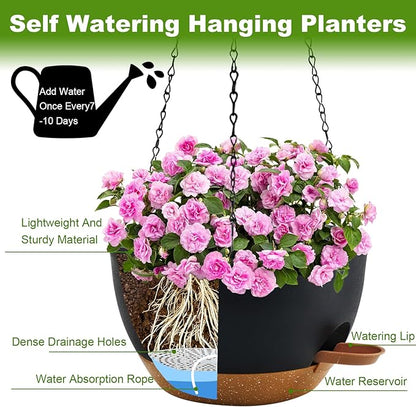 10 inch Hanging Planters for Indoor Plants, 3 Pack Self-Watering Hanging Planter Pots with Chain and Drainage Holes, Outdoor Hanging Baskets for Garden Home Decor (Black With Brown, 3pcs/10inch)