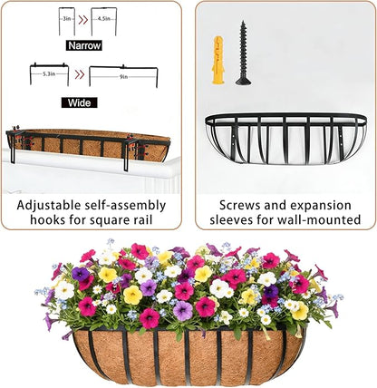 24'' Window Box Railing Planter with Coco Liner,4 Pack Horse Trough Planters Black Metal Hanging Flower Planters Basket for Porch Fence Patio Indoor Outdoor Lawn