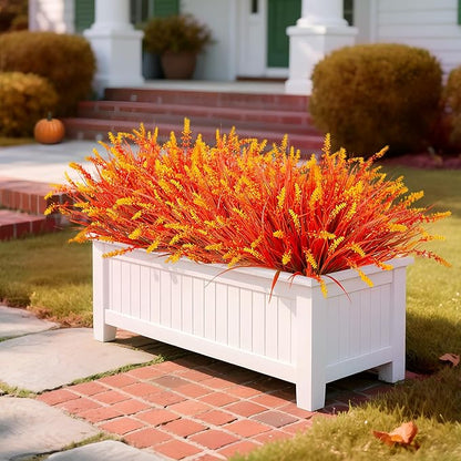 Artificial Fake Plants Flowers for Outdoors Fall Decor, 12 Bundles Fall Leaves Faux Lavender Flowers for Autumn Decoration, Fake Shrubs UV Resistant Planter No Fade for Garden Porch Balcony(Brown)