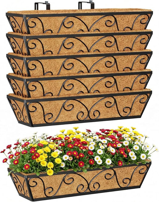 Y&M 24 Inch Window Deck with Coco Liner, Fence Metal Hanging Flower Planter Window Basket Deck Railing Planter Boxes for Outdoor Garden Lawn-Butterfly, 6pcs