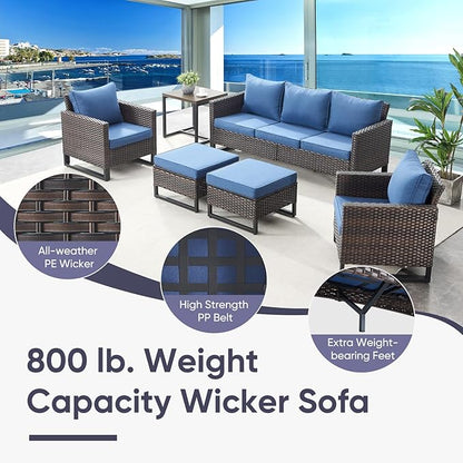 Belord Patio Furniture Set with Fire Pit Table: 9 Pieces Wicker Oversize Patio Conversation Set with Outdoor Swivel Glider Rocker Rattan Couch Ottomans, Anti-Rust Frame, Removable Cushion Blue