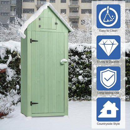 Outvita Outdoor Storage Cabinet, 70in Wooden Vertical Garden Tools Shed, Patio Storage Organizer with Latch & Waterproof Roof for Yard Deck Lawn Farmland Equipment(Green)