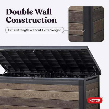 Keter Signature Collection 150 Gallon Resin Deck Box Organization and Storage Box for Patio Outdoor Cushions, Throw Pillows, Garden Tools and Pool Supplies, Walnut