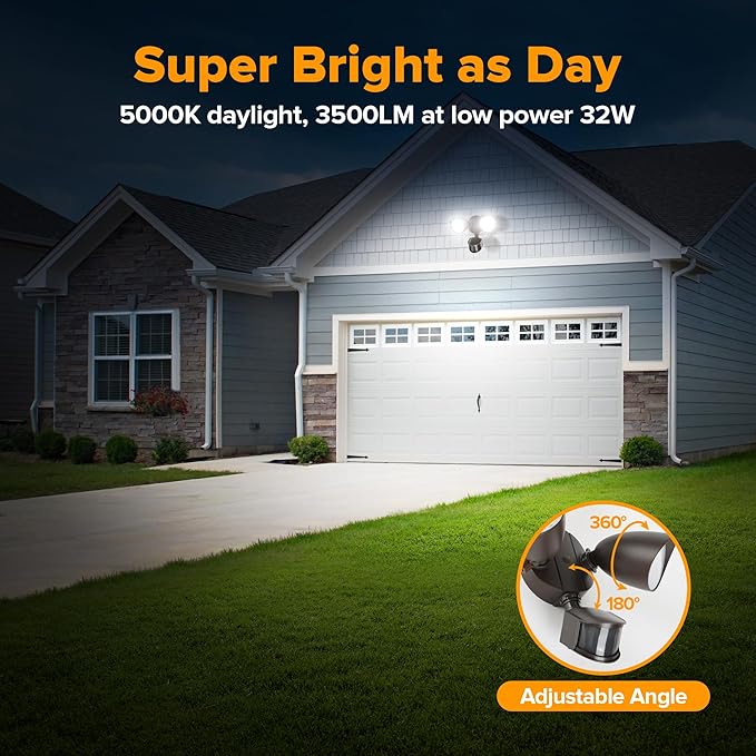 LUTEC 32W 3500 Lumen LED Security Lights Motion Sensor Light Outdoor, 5000K Daylight, IP65 Waterproof, Dusk to Dawn, Motion Detector Flood Light for Garage, Yard, Porch-Brown