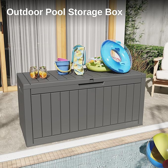 EAST OAK Outdoor Storage Box, 90 Gallon Deck Box, Waterproof Resin Storage Bin for Patio Cushions, Gardening Tools, Lockable, UV Resistant, Grey