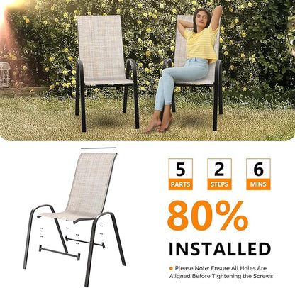 VINGLI Patio Chairs Set of 8 – Stackable Outdoor Dining Chairs with Comfortable Sling High Back Chairs and Armrests for Lawn, Poolside, Courtyard, Balcony, Garden, Yellow