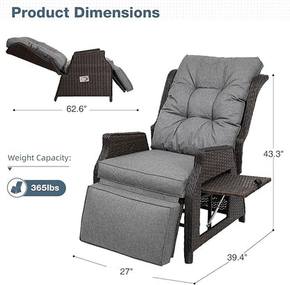 Outdoor Indoor Wicker Recliner with Adjustable Back and Footrest, Patio Reclining Chair with Flip-up Table, Outdoor Rattan Lounge Chair, Grey 2PCS