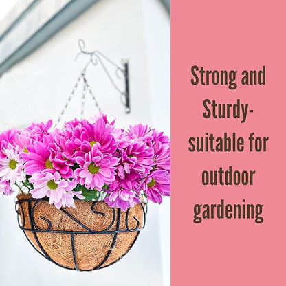 LaLaGreen Hanging Planter for Outdoor Plants (12 Inch, 2 Pack) Hanging Baskets with Coco Liner, Black Metal Wire Flower Basket Pots with Hook Hanger Balcony Porch Farmhouse Country Style Garden Decor