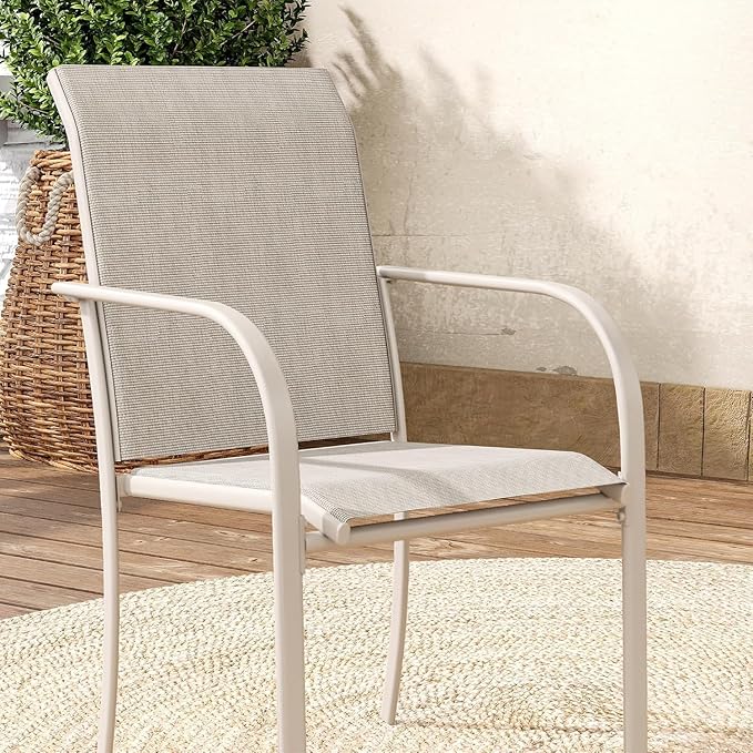 VICLLAX 5 Pieces Patio Dining Set for 4, Outdoor Furniture Set Includes 40.7" Round Patio Table and 4 Patio Stackable Chairs, Grey Wood Grain Tabletop and Sandshell Fabric