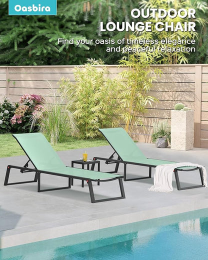Aluminum Chaise Lounge Chair Outdoor, Foldable & Assembly Free Patio Pool Lounge Chairs 5-Position Recliner for Outside Poolside, Fully Grounded Legs Sun Lounger for Beach, Yard, Light Green