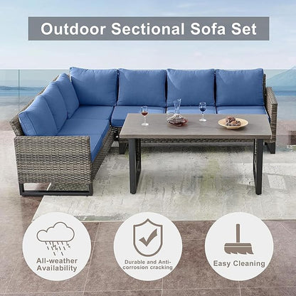 Patio Sectional Furniture Set with Fire Pit Table: 10 Pieces Wicker Patio Conversation Set with L Shaped Sofa, Outdoor Swivel Glider Rocker, Rattan Club Chairs, Ottomans, Removable Cushions Blue