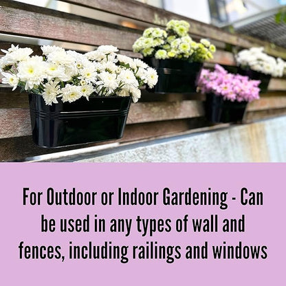 LaLaGreen Rail Planter Outdoor Plants (11.8 Inch, 2 Pack) Black Metal Iron Fence Hanging Flower Pots Deck Railings Buckets Countryside Boho Style Wall Mount Window Box Plant Holder Hooks Porch Decor