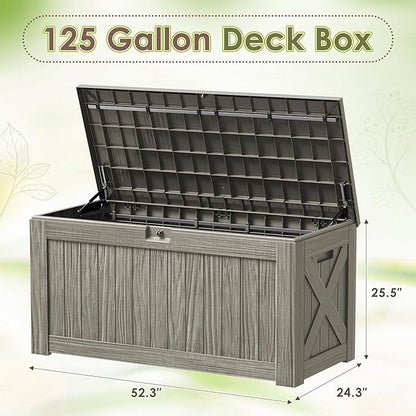 Devoko 125 Gallon Outdoor Storage Box, Waterproof Resin Deck Box for Patio Furniture, Lockable Container for Garden Cushions & Pool Supplies (Light Brown, 125 Gallon)