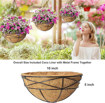 4 Pack 10 Inch Hanging Planters Metal Wire Flower Baskets with Natural Coconut Liners for Outdoor Plants Round Plant Holder Planter for Garden Decor