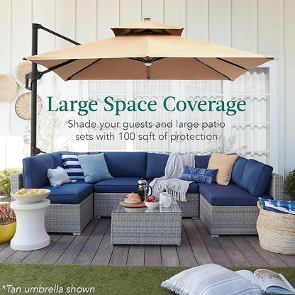 Best Choice Products 10x10ft Cantilever Patio Umbrella w/Base Included, Solar LED Lights 360 Rotation Large Offset Hanging Outdoor Shade for Deck Pool Backyard w/Stand – Sand