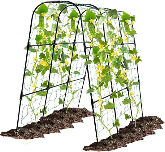 Garden Arch Trellis for Climbing Plants Outdoor, 50x48 inch Cucumber Trellis Raised Bed, Rustproof Metal Climbing Plant Support Vegetable Vine Flower Fruits, with Netting, Lightweight, Black