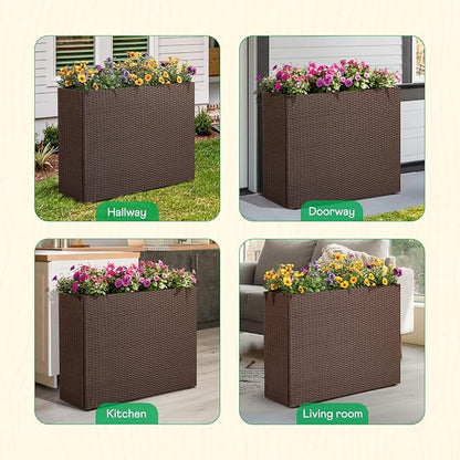 IDZO All Weather Wicker Planter Raised Garden Bed, 24 in Tall Round Rattan Flower Pots, Durable Self-Watering Indoor Outdoor Wicker Planters for Porch Patio Balcony