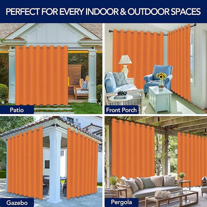 PureFit Outdoor Curtains for Patio Waterproof Weatherproof, UV Resistant Outside Curtains for Gazebo, Front Porch, Pergola, Sun Blocking Privacy Curtain, 120W x 108L inch, 1 Panel, Orange