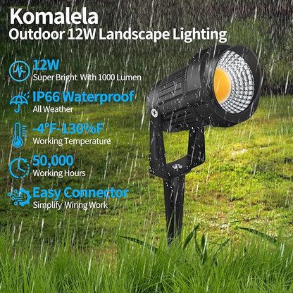 12W LED Landscape Lights Low Voltage, 3000K Warm White 12V AC/DC Waterproof Outdoor Spotlights, IP65 Garden Pathway Lights with 8 Spike Stands for Tree Garden Yard Pathway (8 Pack)