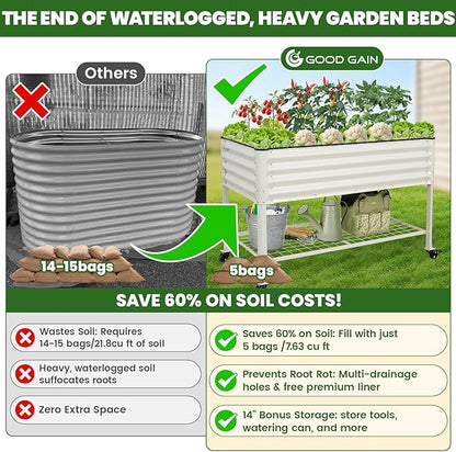 Elevated Raised Garden Bed 2' x 4' - Galvanized Planter Boxes with Legs, Wheels, and Storage Rack, Outdoor Planters for Backyard/Patio/Balcony with Drainage Holes for Vegetables, Flowers, Herbs, White