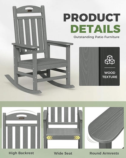 Oversized Outdoor Rocking Chairs Set of 2, High Back Porch Rocker Chair, HDPE Rocking Chairs for Patio, Living Room, Light Grey