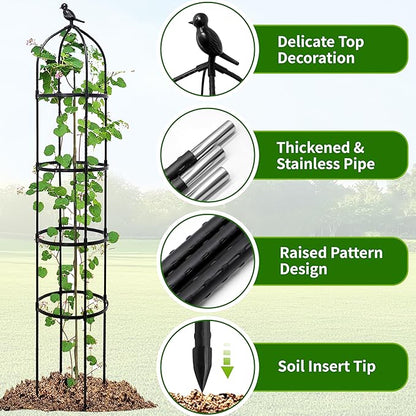 4-Pack 6FT Garden Obelisk Trellis for Climbing Plants,Adjustable 4-Tier Metal Plant Support,Rustproof Outdoor Plant Tower with 3 Decorative Tops for Roses,Tomatoes,Clematis & Vines,Black