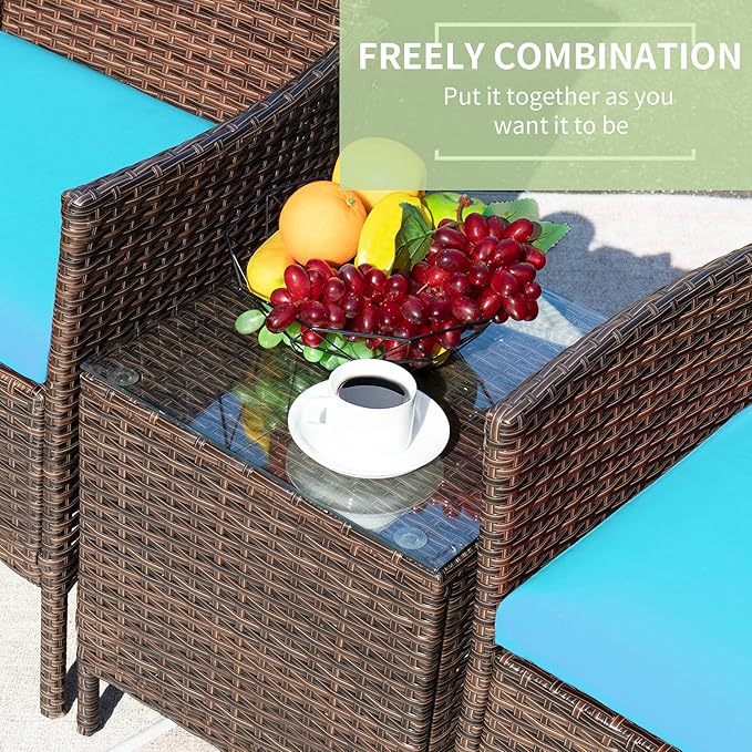 Greesum 3 Pieces Patio Furniture Sets Outdoor PE Rattan Wicker Chairs with Soft Cushion and Glass Coffee Table for Garden Backyard Porch Poolside, Brown and Blue