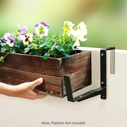 Window Box Brackets, Adjustable Planter Box Brackets, Heavy Duty Iron Flower Box Brackets for Railings, with Enhanced Bottom Support - Perfect for Balconies, Fences, and Gardens (Black, 4 Pack)