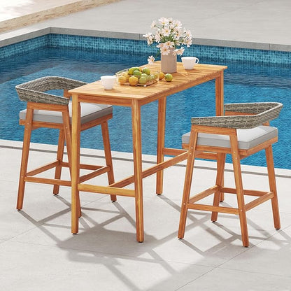 Tangkula 5 Piece Patio Bar Set, Outdoor Acacia Wood Counter Height Table with 4 Cushioned Barstools with Curved Rattan Back and Footrest, for Backyard, Poolside, Balcony