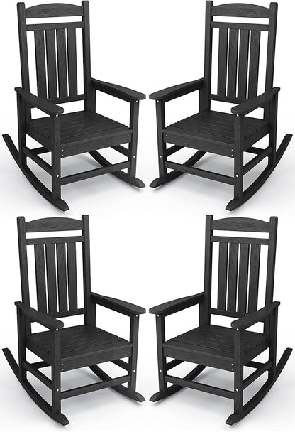 KINGYES Outdoor Rocking Chair Set of 4, High Density Polyethylene Patio Rocking Chairs with 330lbs Support for Adults, Black